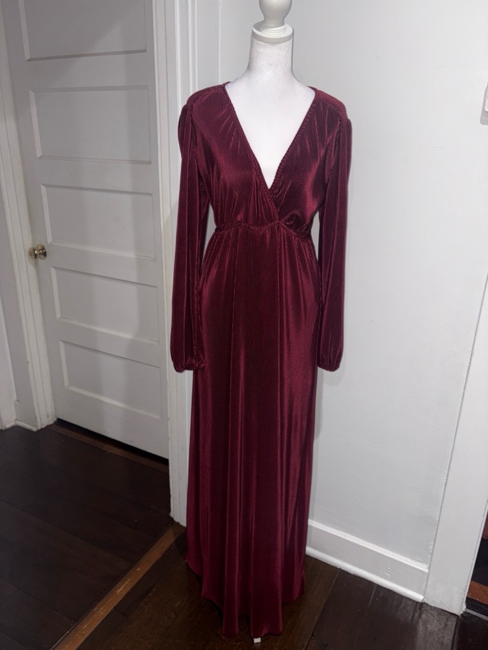 Baltic Born Wine Red Pleated V-Neck Maxi Dress